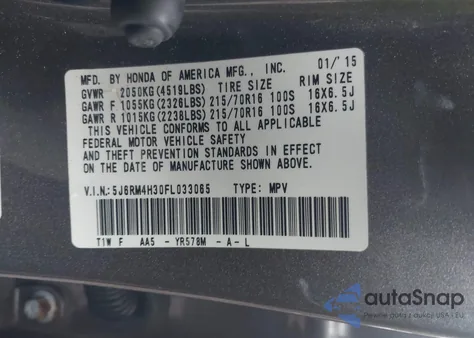 2015 Honda Cr-V Lx из США, поврежденный, VIN 5J6RM4H30FL033065